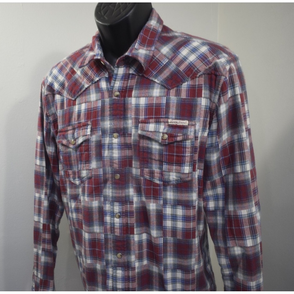 Lucky Brand Patched Plaid Western Pearl Snaps Shirt Long Sleeve Mens Size Large